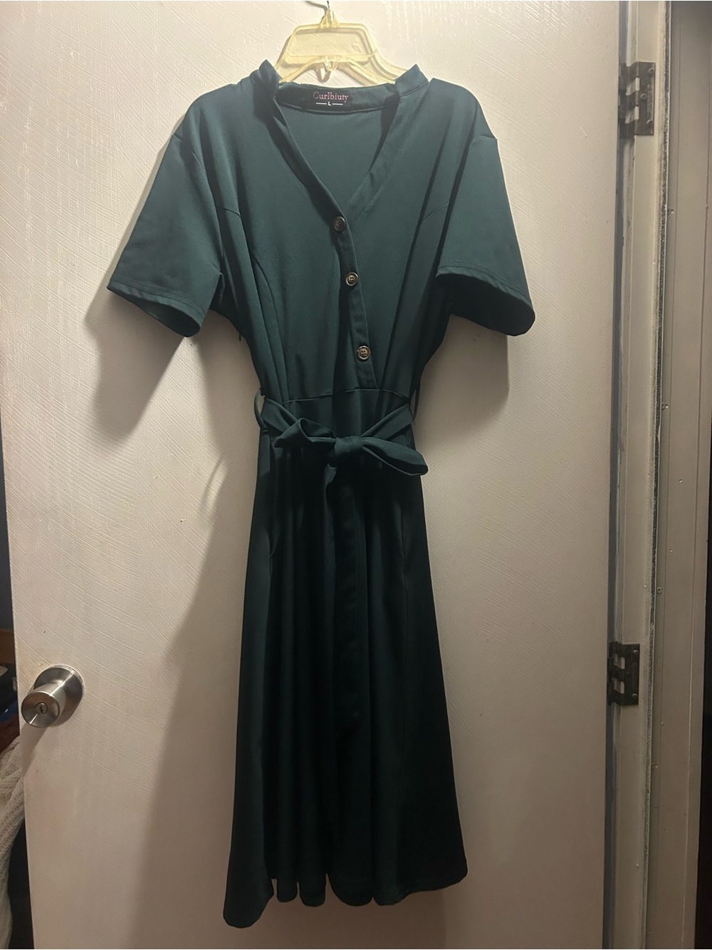 Caribbean Deep Green Button-Front Midi Dress with Tie Waist